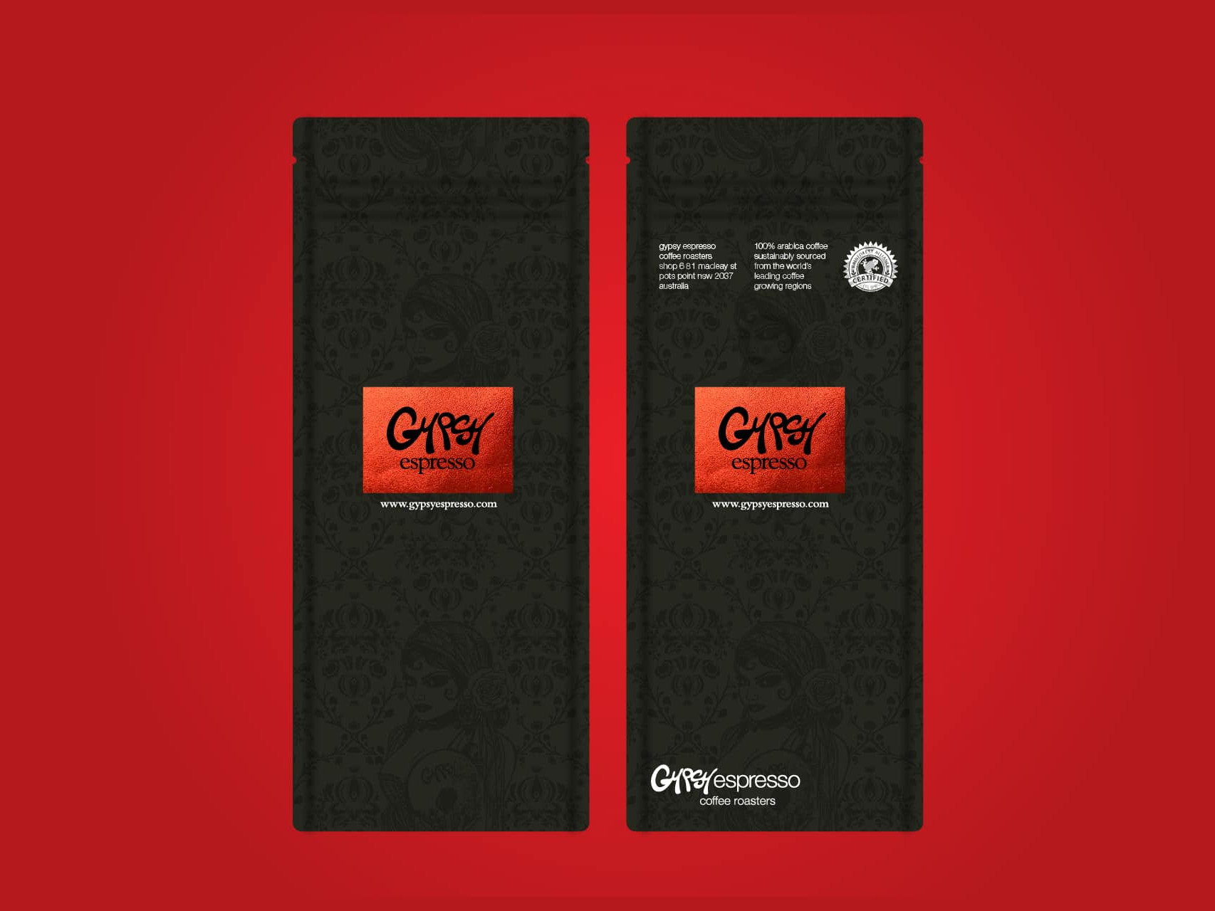 Gypsy Espresso Coffee Bag Design With Red Foil Block